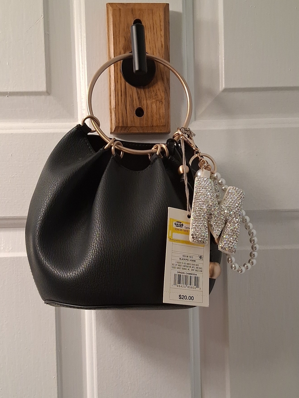 a new day Black Mini Ring-Handle Bucket Handbag with Crystal Initial Charm